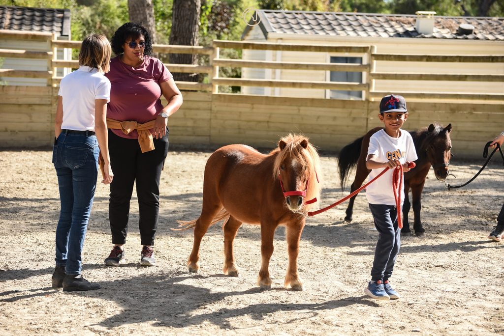 Accompagnement en médiation animale avec enfant et poney Médiation animale et équicoaching : enfant menant un poney en carrière pour l'association Le Cœur de Léa